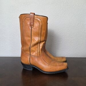 Vintage 70s  Western Cowboy Caramel Leather Square Toe Men's Boots 10 D